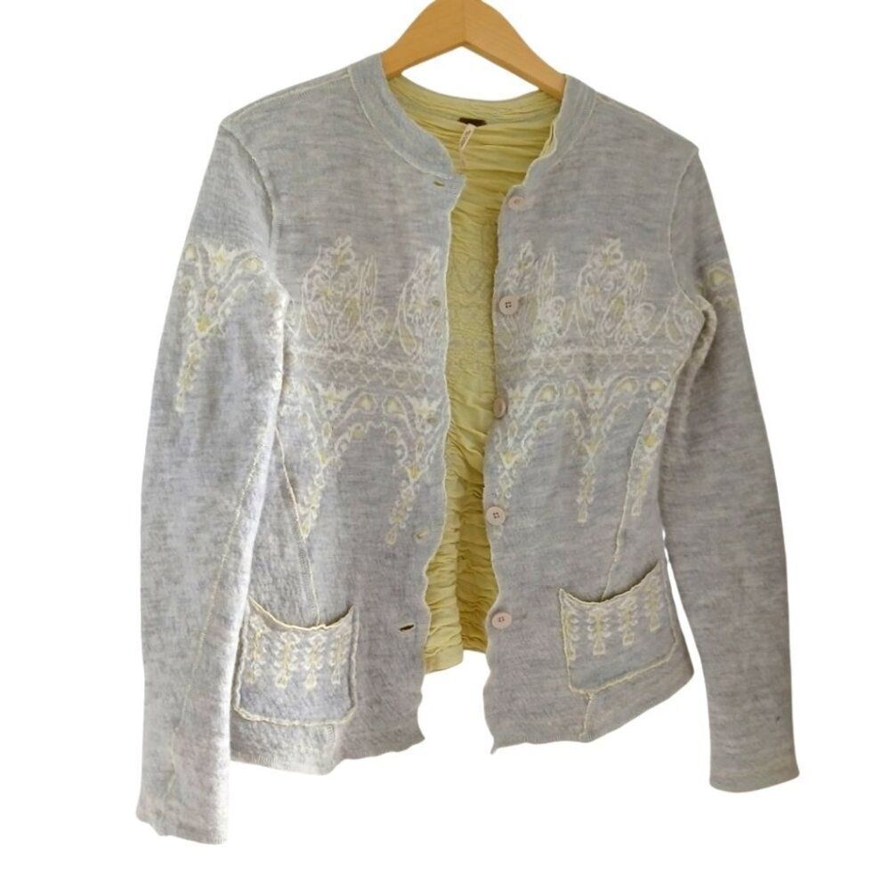 RARE Free People Wool/Cotton Fair Isle Button Sweater Grey Yellow S/M